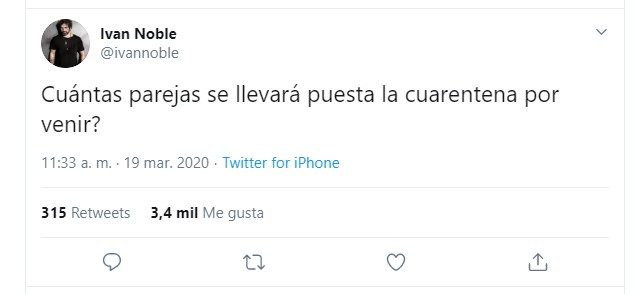 Iván Noble y su chiste sobre la cuarentena y el divorcio (Twitter: @ivannoble)