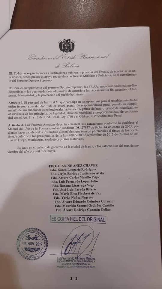Decreto de accionar de las Fuerzas Armadas en Bolivia viralizado en redes sociales