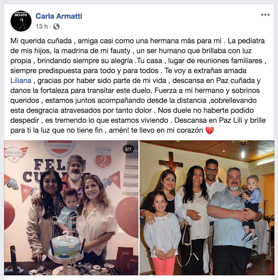 El posteo de Facebook que le dedicó su cuñada, Carla. “Nos duele no haberte podido despedir. Es tremendo lo que estamos viviendo", escribió.
