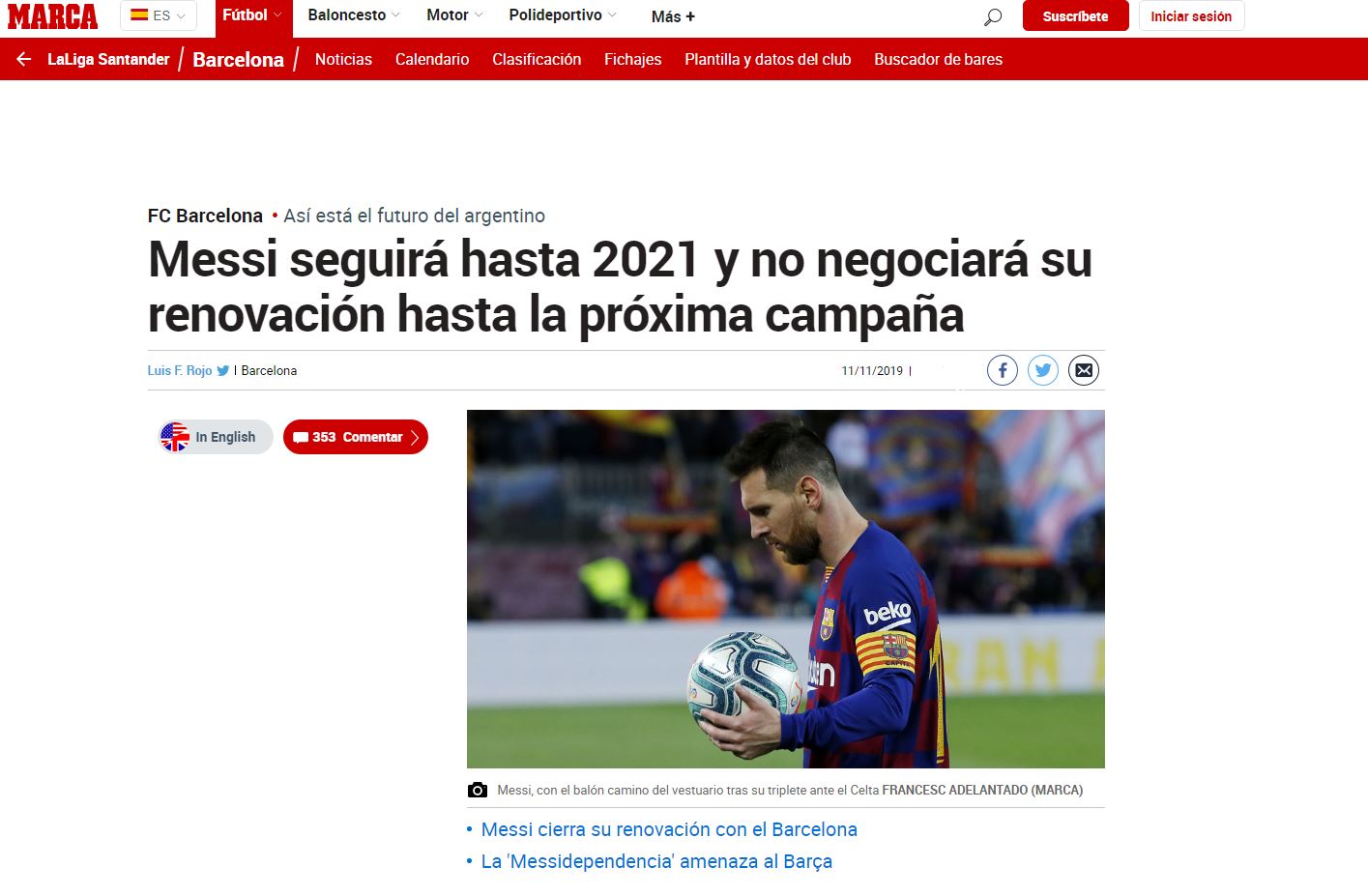 Captura del artículo del diario Marca sobre el futuro de Lionel Messi