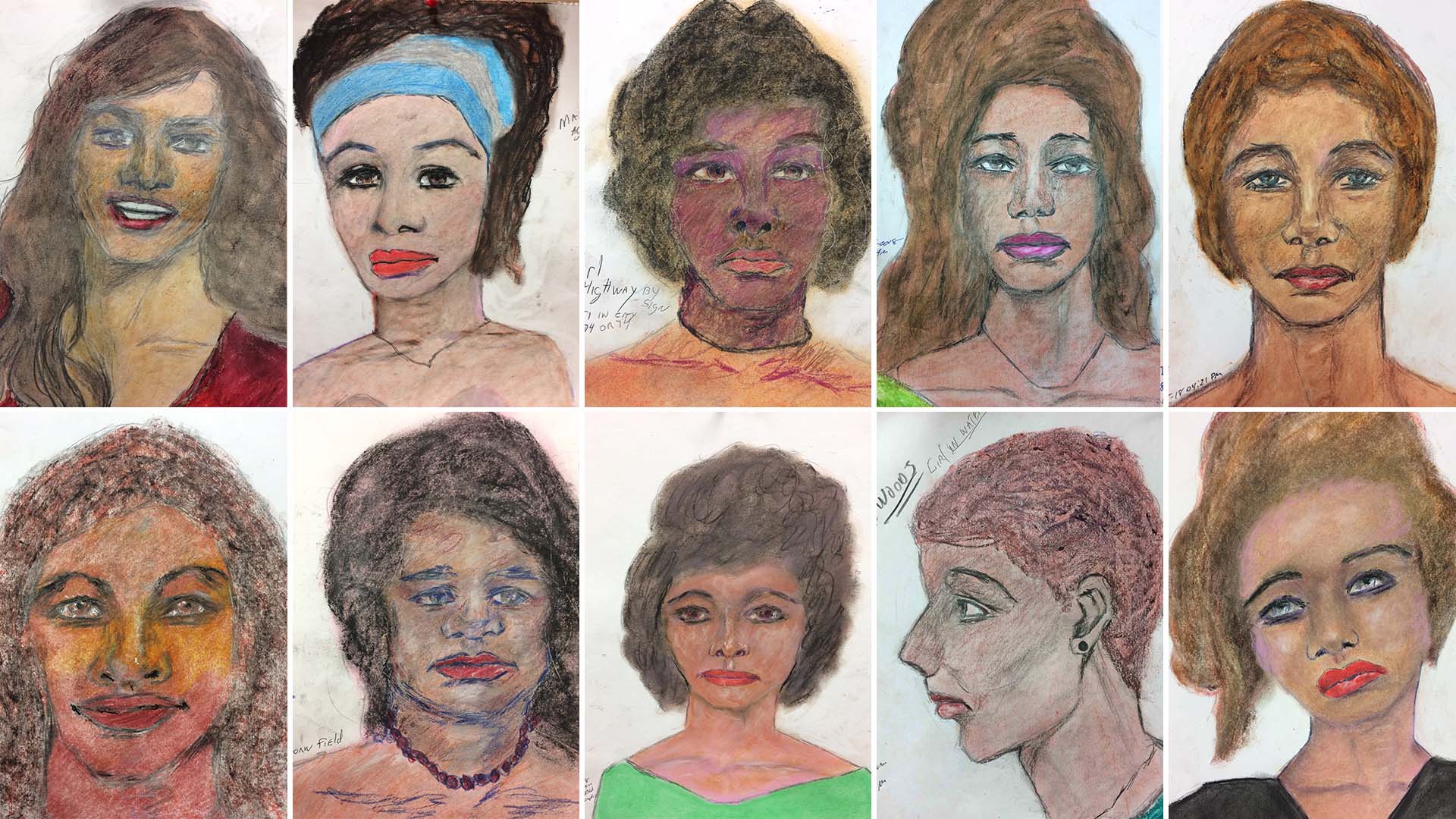 Samuel Little dibujó en su celda en Texas retratos de las mujeres que asesinó. El FBI publicó algunos de los bocetos el 13 de febrero de 2019 (FBI/ Fotomontaje)