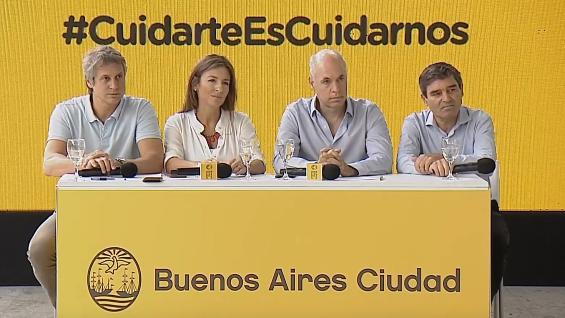 Horacio Rodríguez Larreta y los ministros Soldad Acuña (Educación), Fernán Quirós (Salud) y el jefe de Gabinete, Felipe Miguel