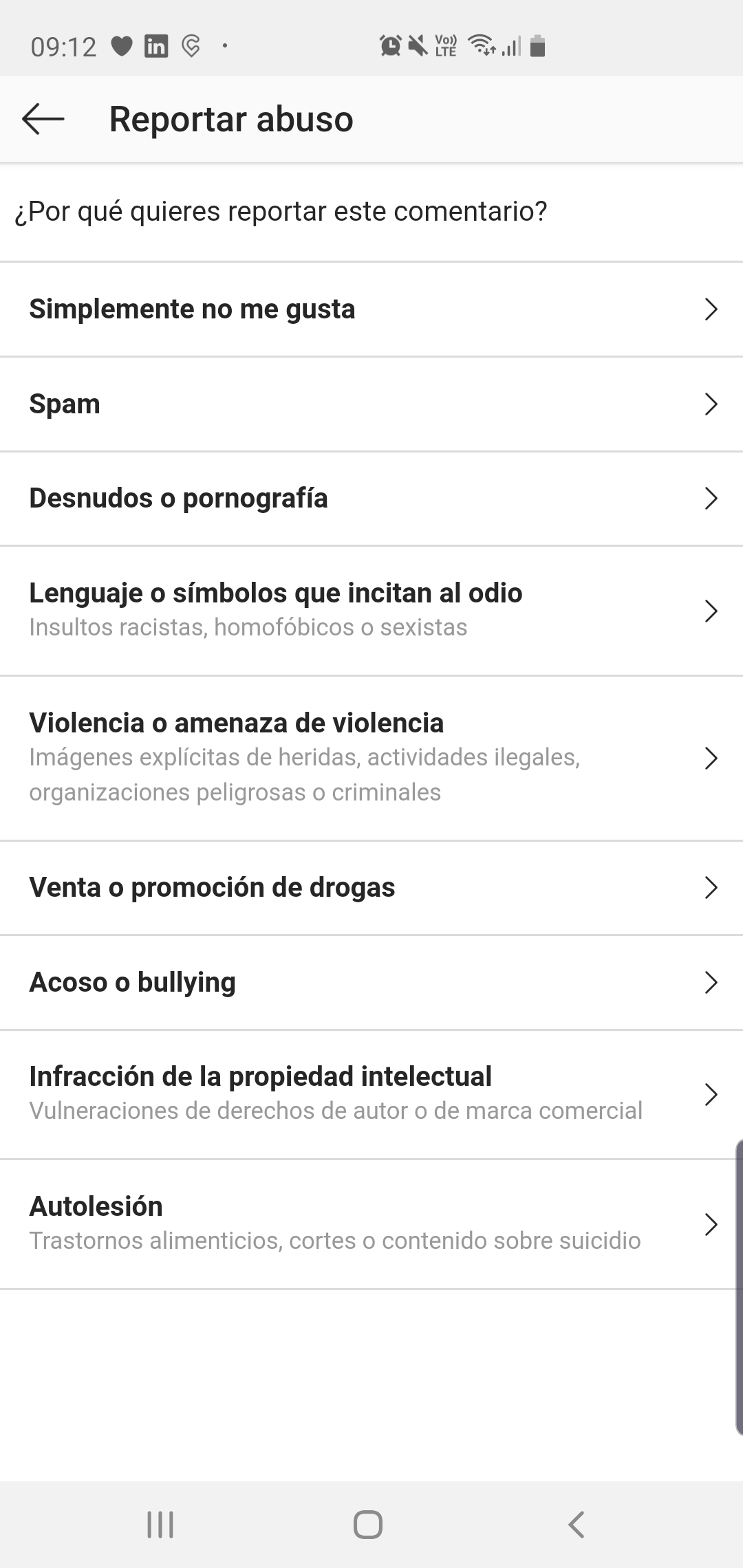 Elegir el motivo por el cual se reporta el contenido.