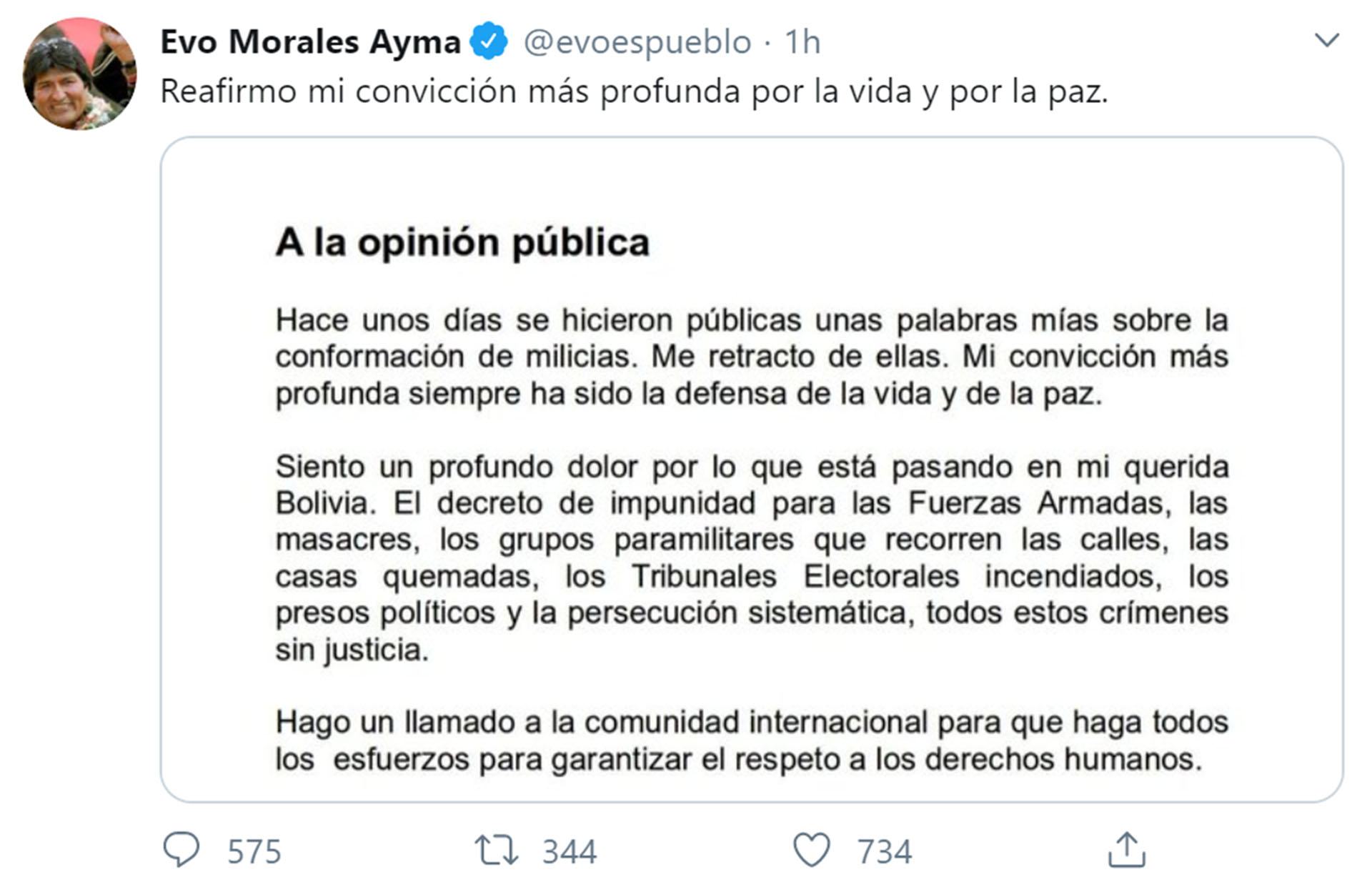 El tuit de Evo Morales