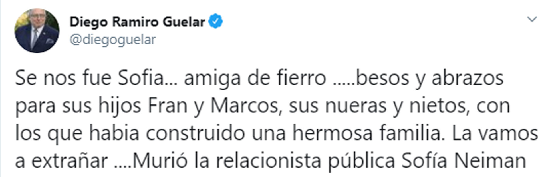 La publicación del diplomático Diego Guelar por la muerte de Sofía Neiman
