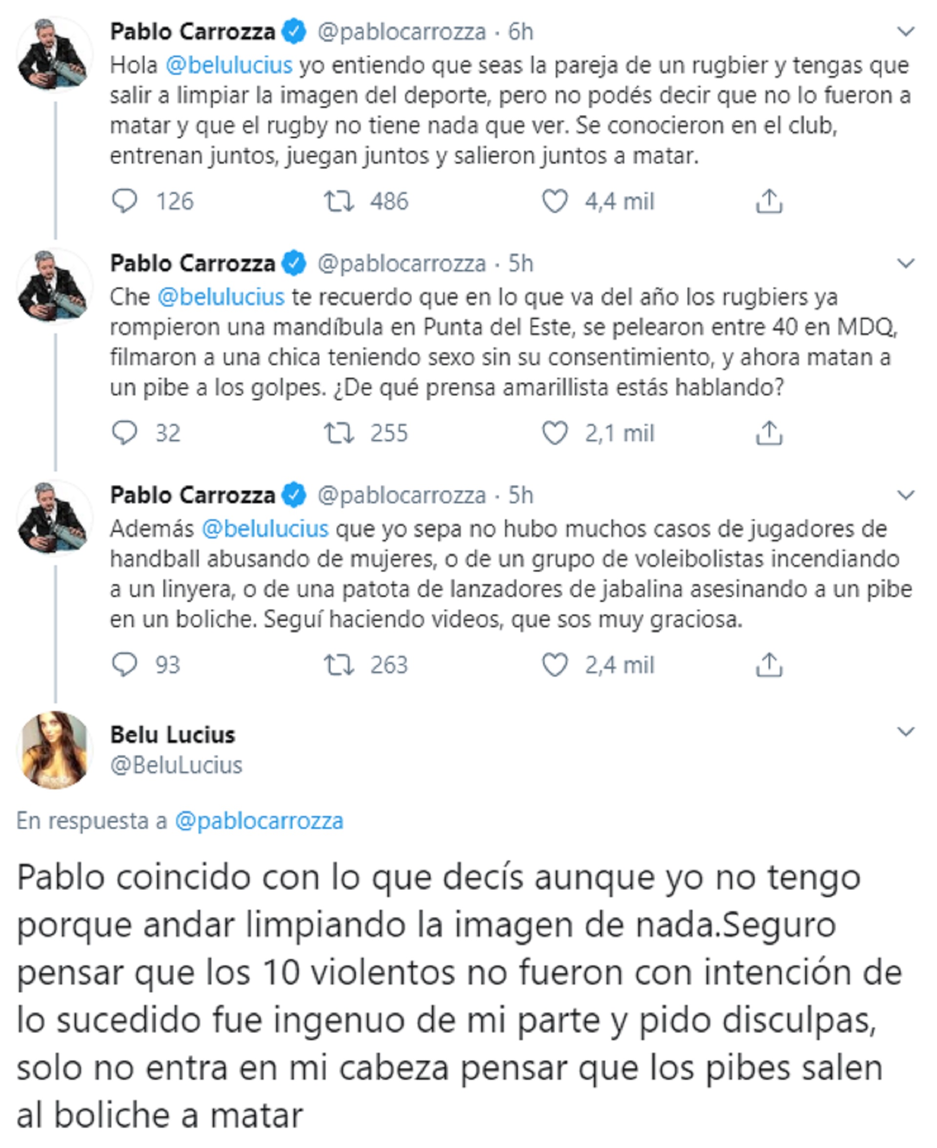 Los mensajes de Belu Lucius sobre el crimen en Villa Gesell (Twitter: @BeluLucius)