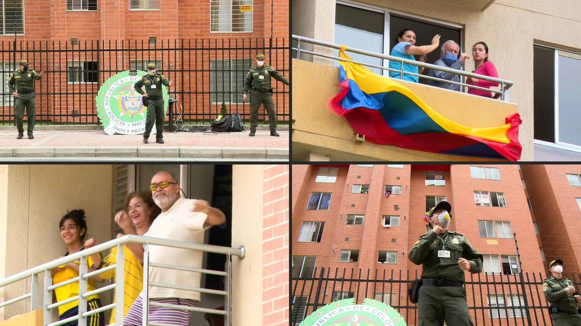 Policías colombianos visitan barrios de Bogotá y dan clases de Zumba para animar y entretener a los habitantes, que están en aislamiento obligatorio decretado por el gobierno para detener la propagación del nuevo coronavirus.