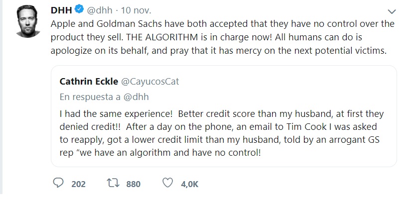 "Apple y Goldman Sachs han aceptado que no tienen control sobre el producto que venden. ¡EL ALGORITMO está a cargo ahora! Todo lo que los humanos pueden hacer es disculparse en su nombre y rezar para que tenga piedad de las próximas víctimas potenciales", publicó .David Heinemeier Hansson.