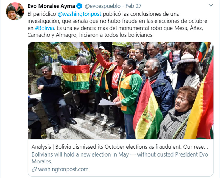 Evo Morales replicó el artículo de "The Monkey Cage" ante sus seguidores en redes sociales