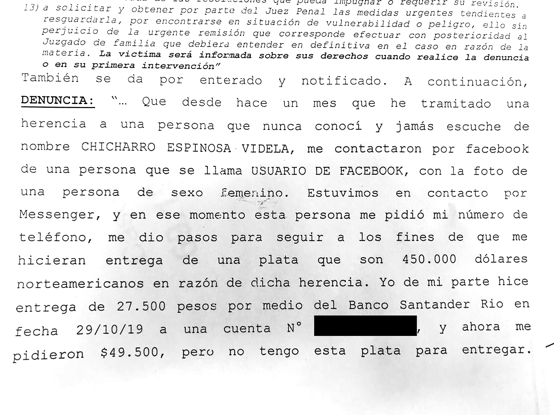 Parte de la denuncia hecha por la víctima
