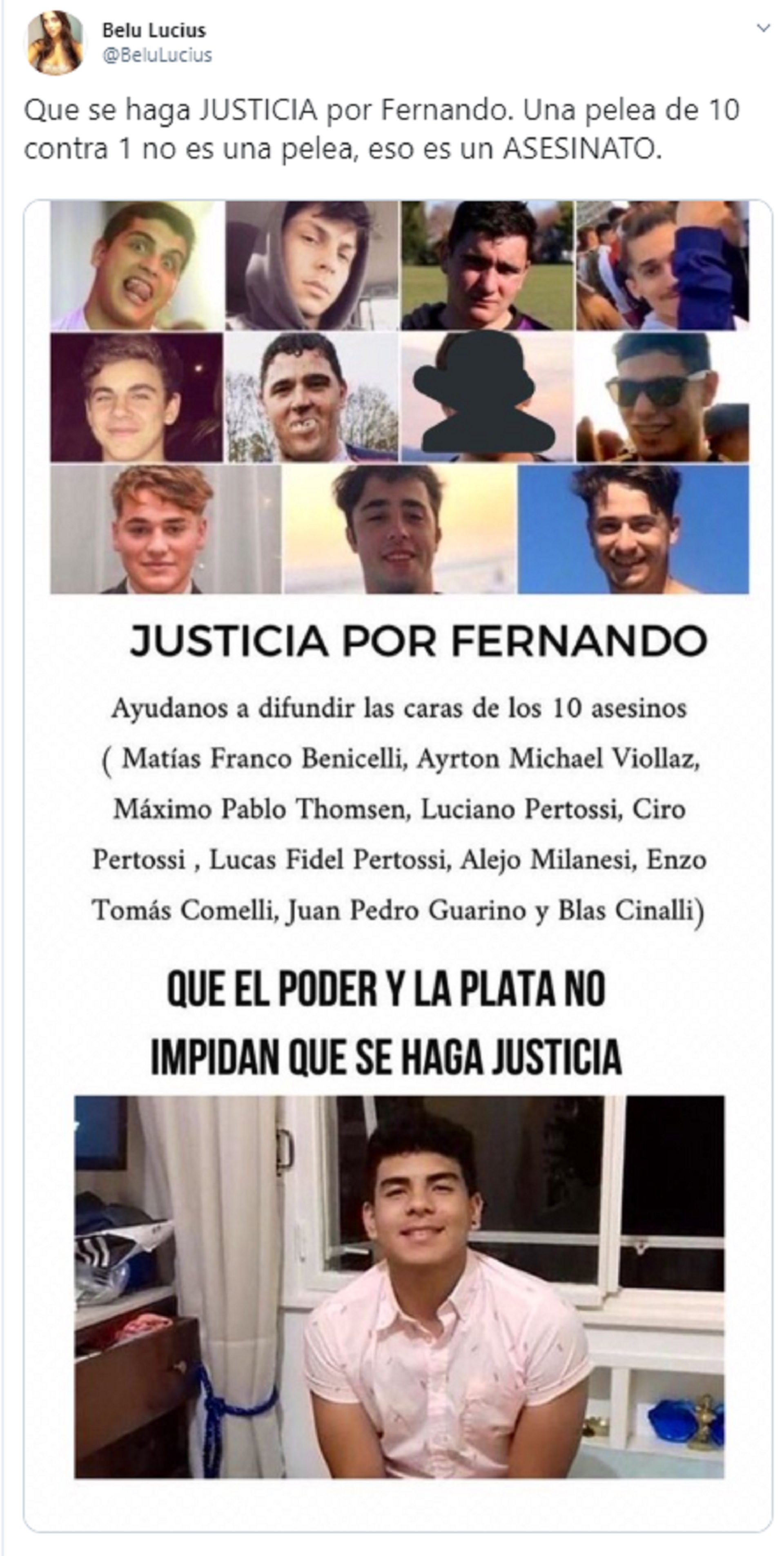 Los mensajes de Belu Lucius sobre el crimen en Villa Gesell (Twitter: @BeluLucius)