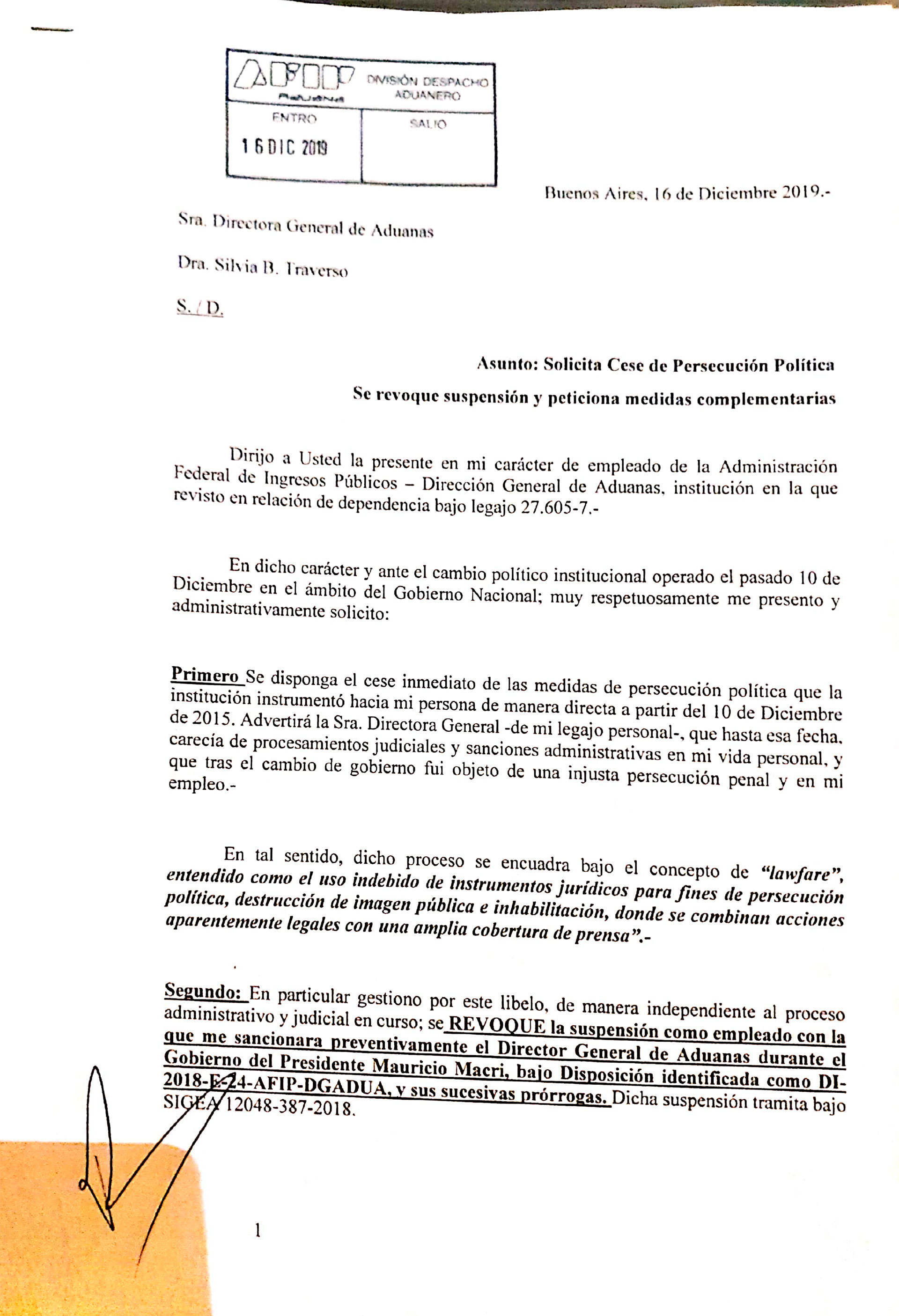 El documento que Ricardo Echegaray le envió a Silvia Traverso