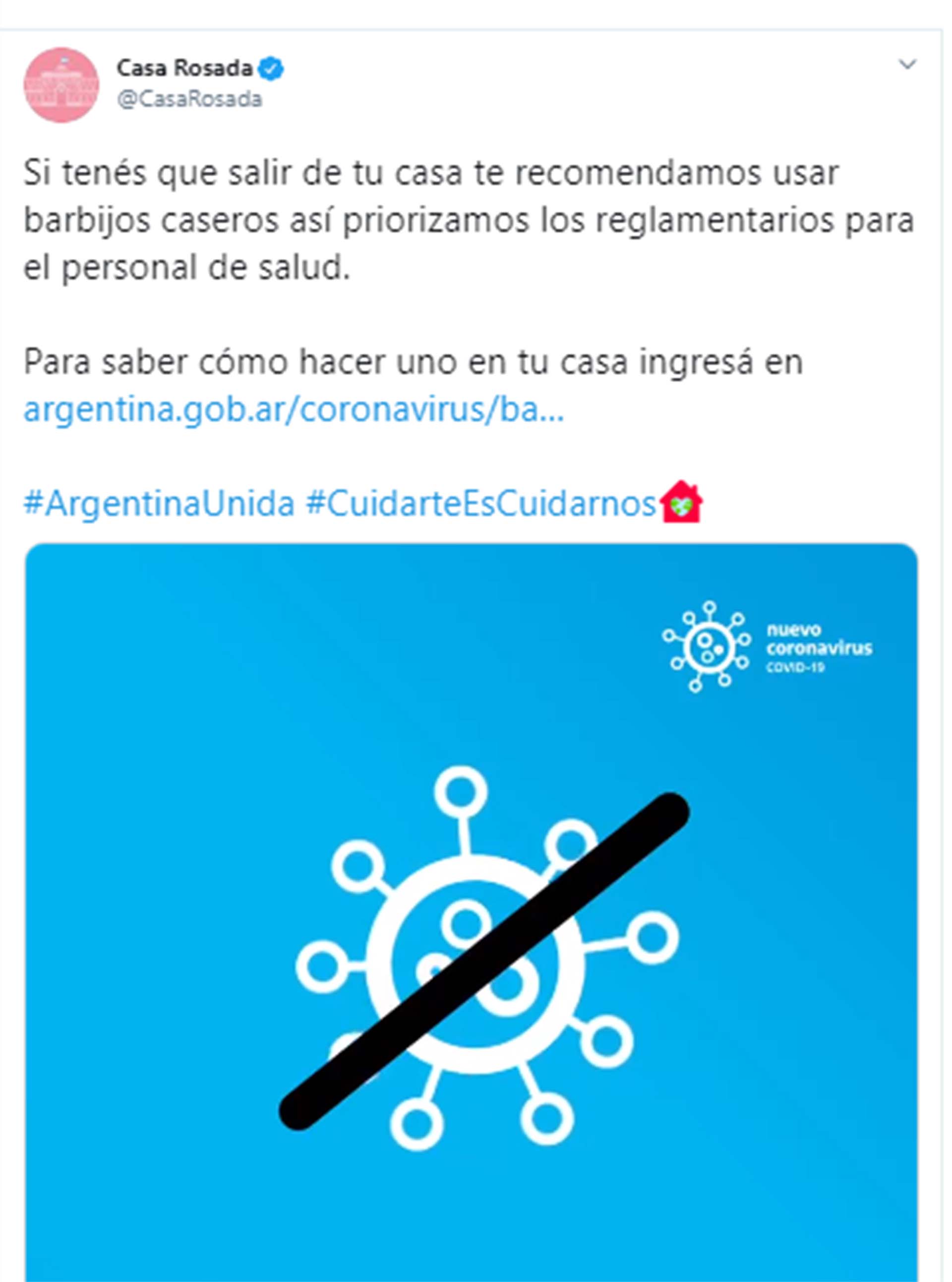 El mensaje del gobierno nacional sobre la utilización del barbijo