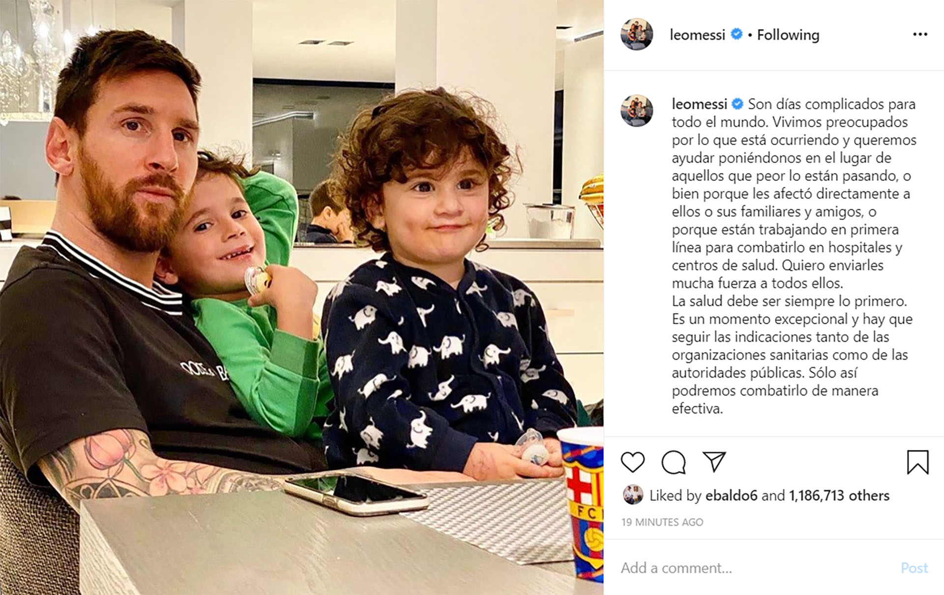 La publicación de Messi en su cuenta de Instagram