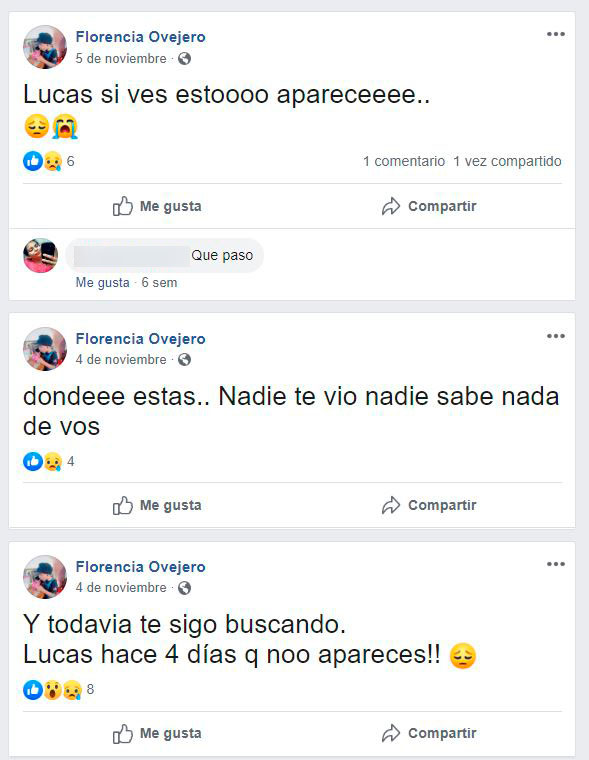 Las publicaciones en el Facebook de Florencia que dan cuenta e las desapariciones de Borracchia