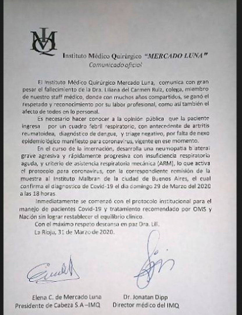 Tras el fallecimiento de la pediatra, la Clínica Mercado Luna emitió un comunicado oficial, donde detallaba lo sucedido y lamentaba la pérdida de la profesional, "quien se ganó el respeto y reconocimiento por su labor, como así también el afecto de todos en lo personal”.