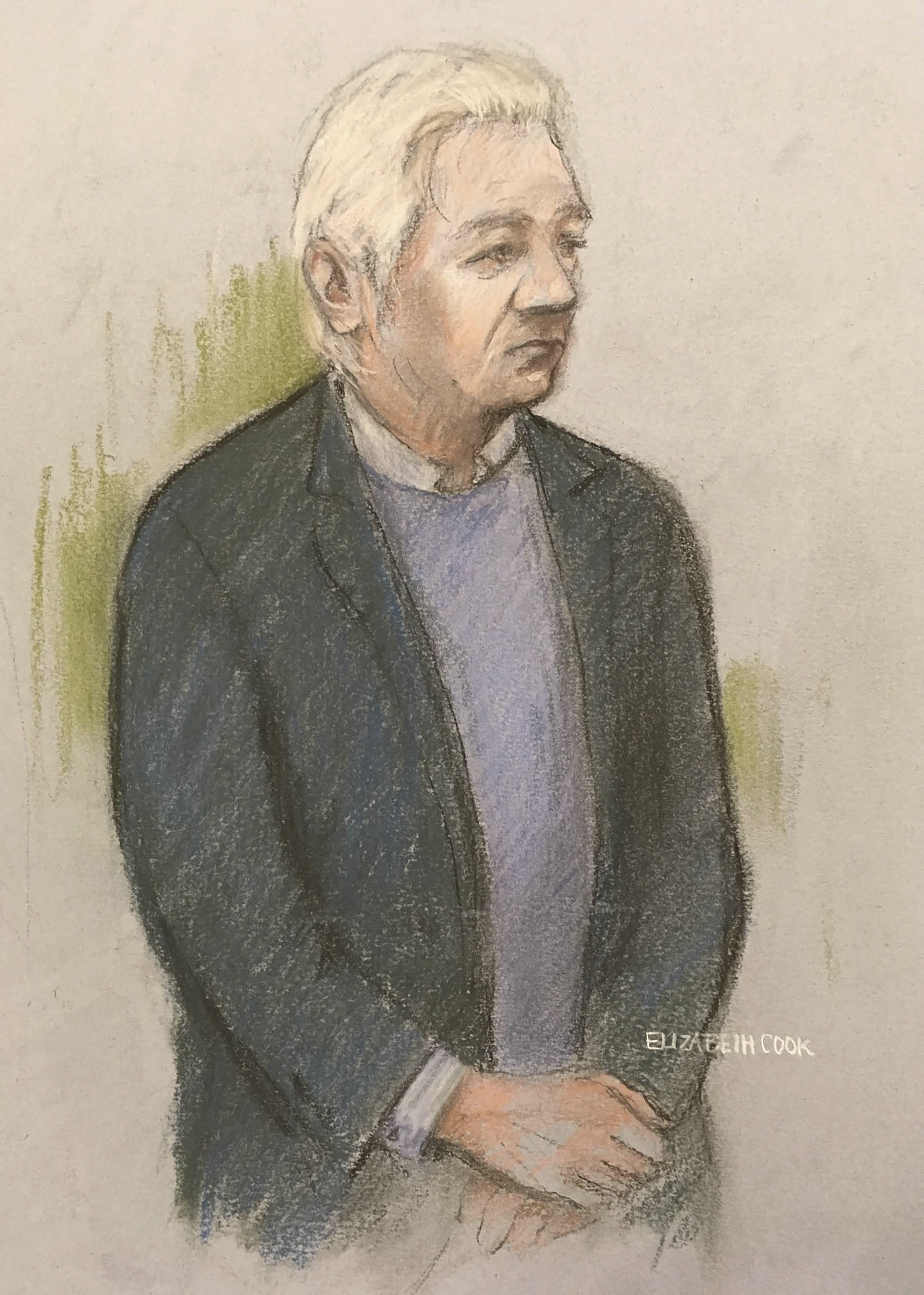 Julian Assange cuando apareció en la Corte de Magistrados de Westminster en Londres el lunes 21 de octubre de 2019, para una audiencia relacionada con su extradición a los Estados Unidos. (Elizabeth Cook/PA via AP)