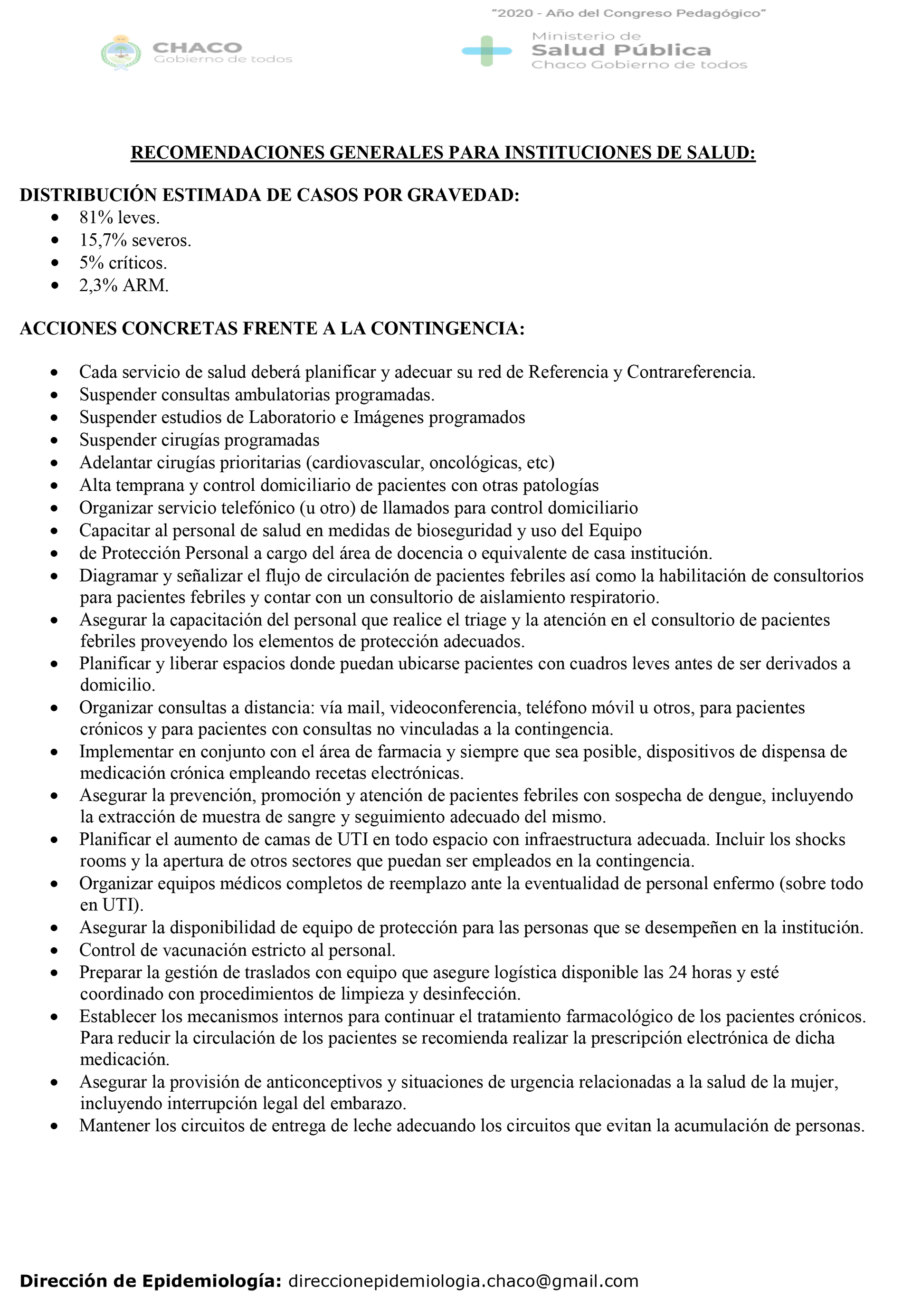 Recomendaciones para las instituciones de salud. Una de ellas es la no realización de intervenciones programadas