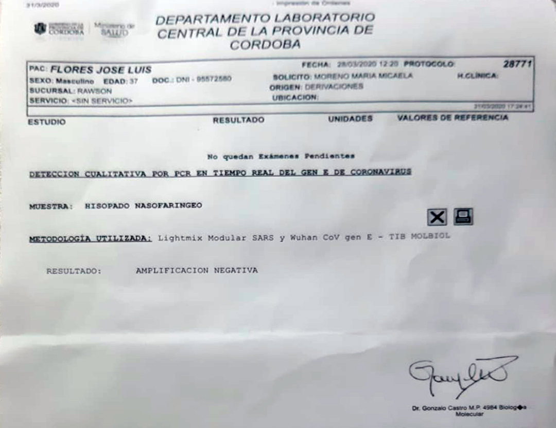 El certificado donde dice que su test de Covid 19 dio negativo fue la única forma que encontró de parar las amenazas: "¿Y quiénes den positivo cómo lo van a parar?", se pregunta.