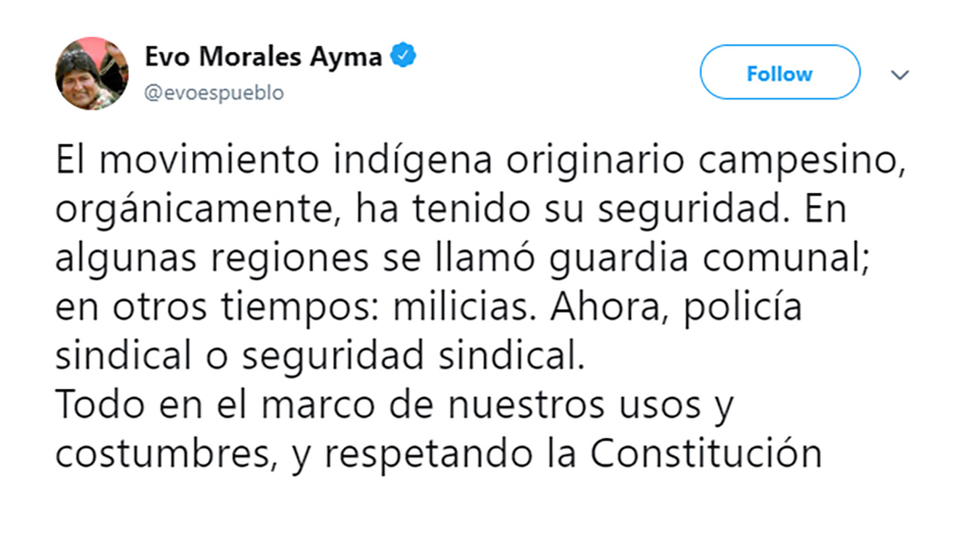El tuit de Evo Morales sobre las milicias