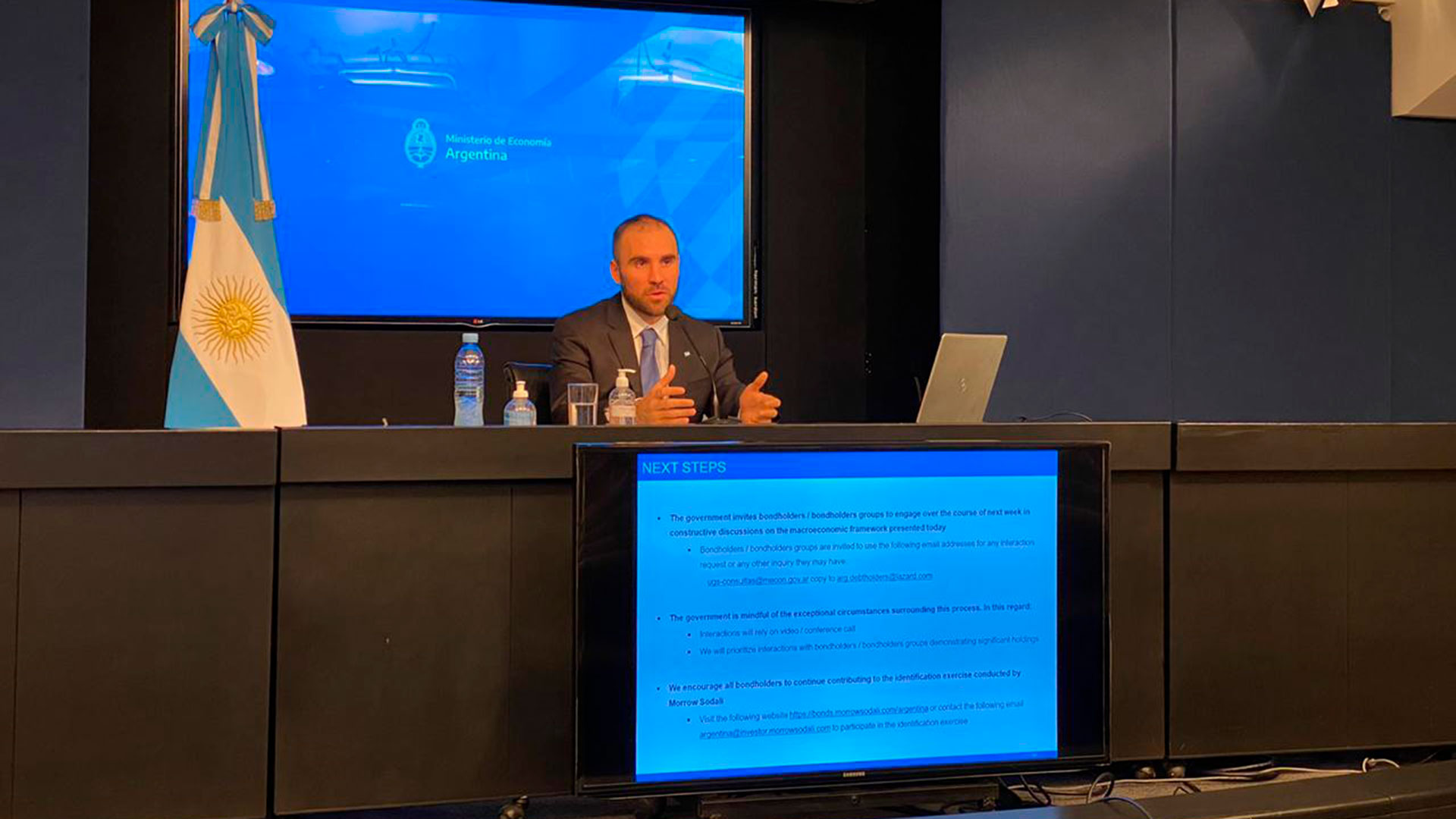 El ministro Martín Guzmán durante la exposición que dio hoy y que salió por videoconferencia