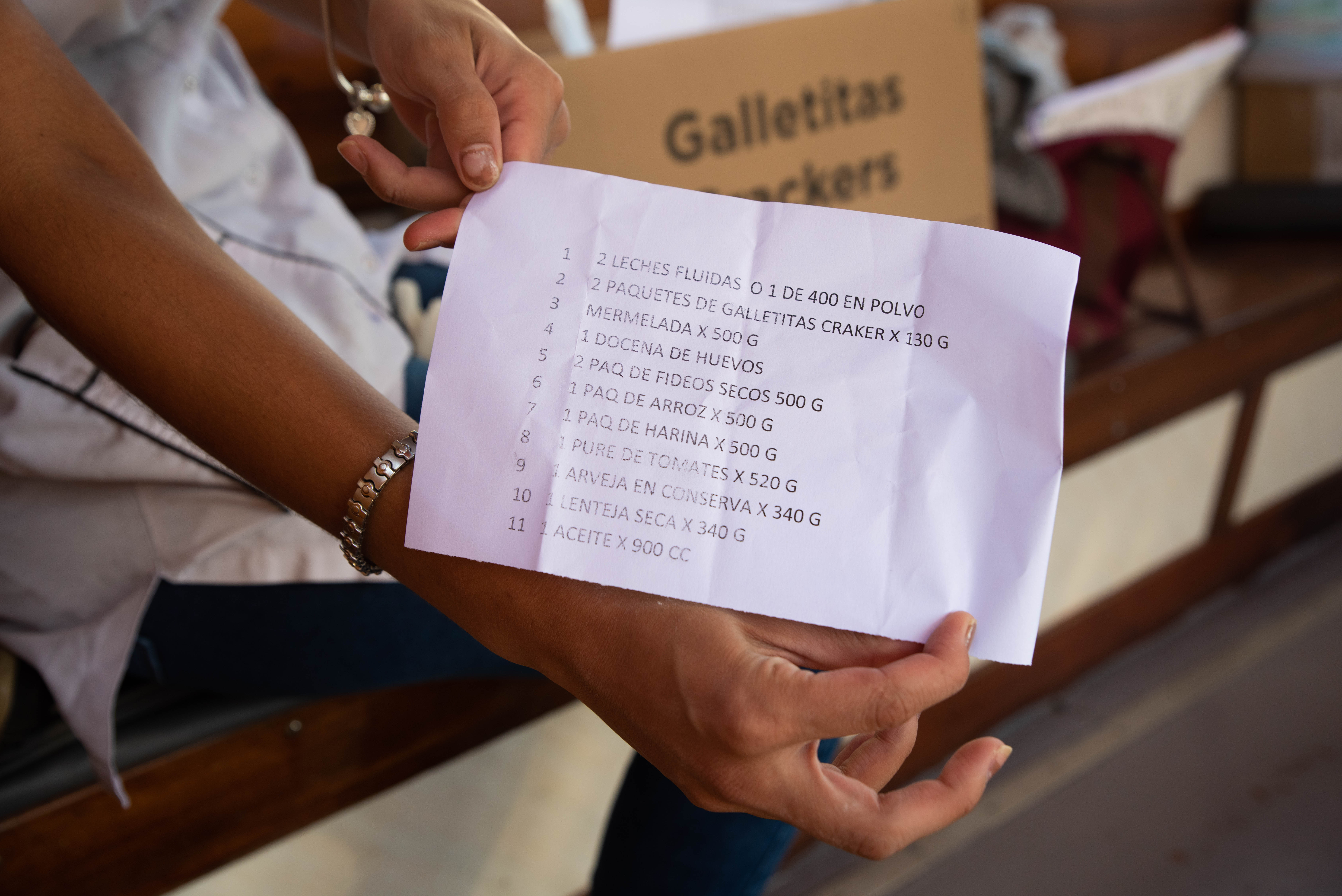 Listado de los alimentos secos que conforman el kit de alimentos entregado por los docentes. (Foto: Franco Fafasuli)