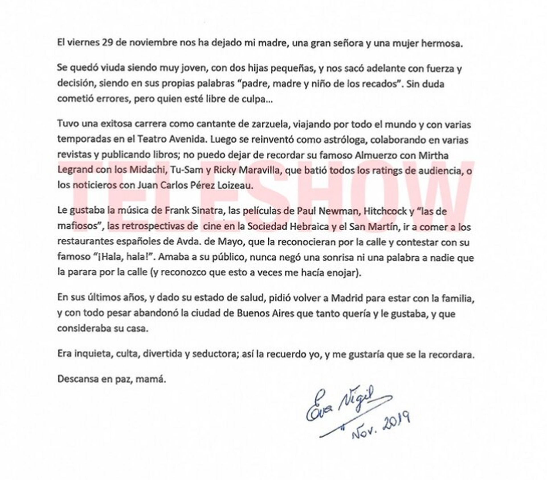 La carta que Eva Vigil escribió para recordar a su madre, Aschira (Teleshow)
