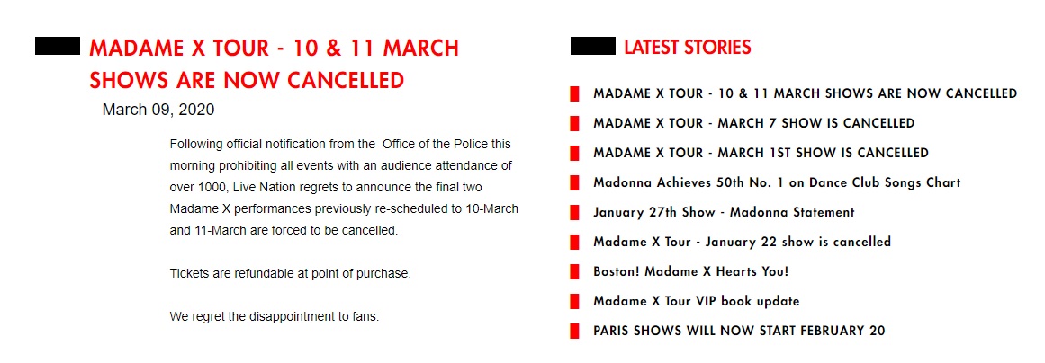 La más reciente gira de la intérprete de "Ray of light" ha tenido 18 cancelaciones en total, a causa de distintos factores (Foto: madonna.com)