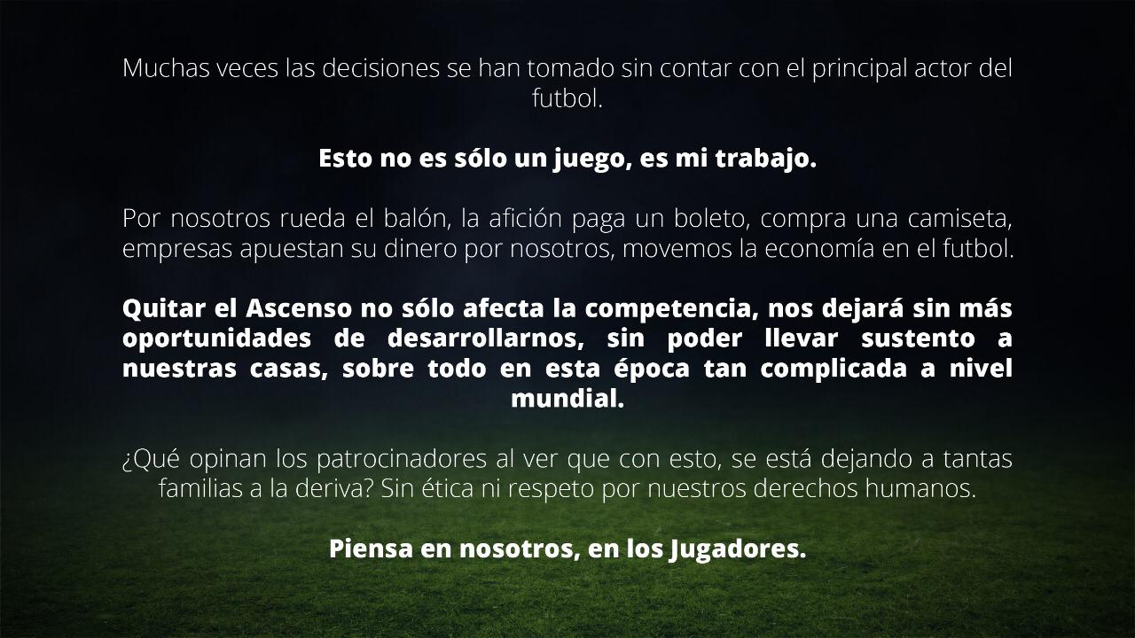 Futbolistas han colocado este comunicado en sus redes sociales (Foto: Twitter/ @alexvelag11)