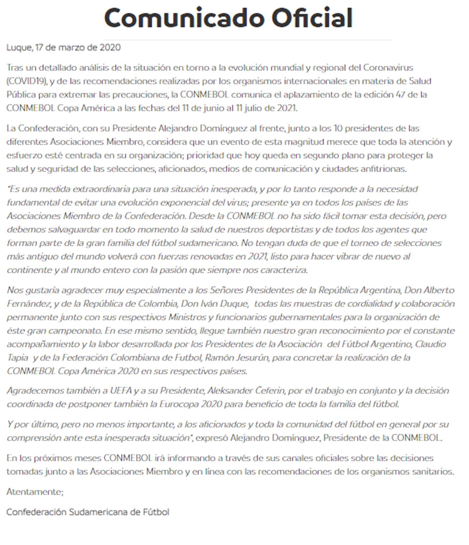 Comunicado oficial de la Conmebol sobre la postergación para el 2021 de la Copa América