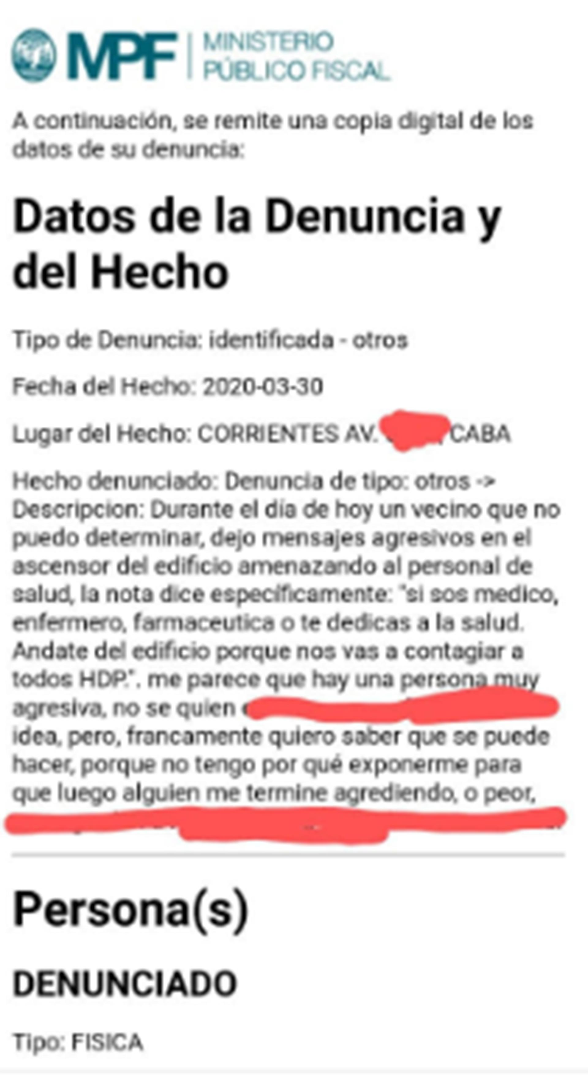 La copia de la denuncia por discriminación realizada por el farmacéutico ante el Ministerio Público Fiscal
