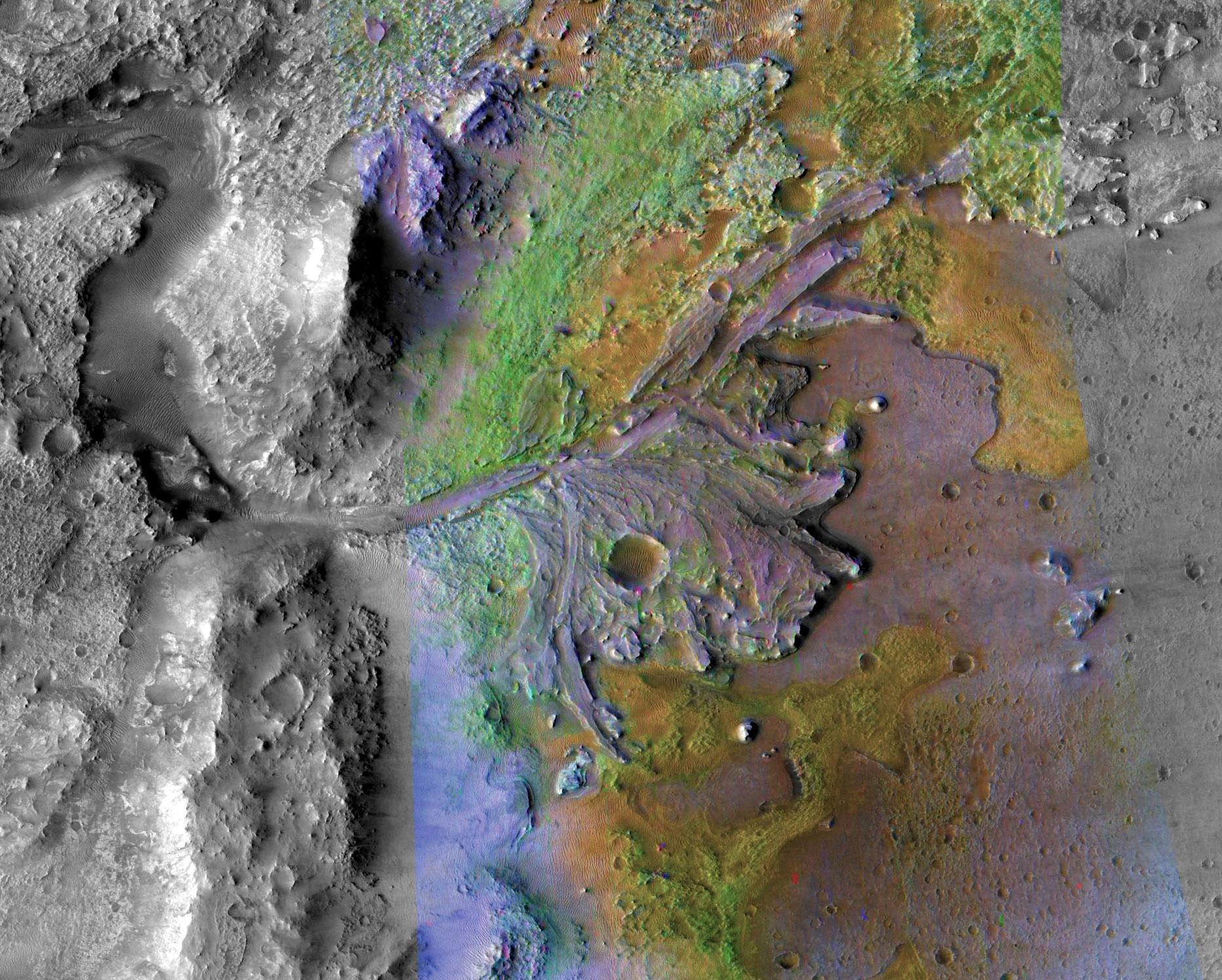 Imagen satelital del cráter Jezero en Marte, donde se posará Perseverancia, el próximo robot marciano (NASA)