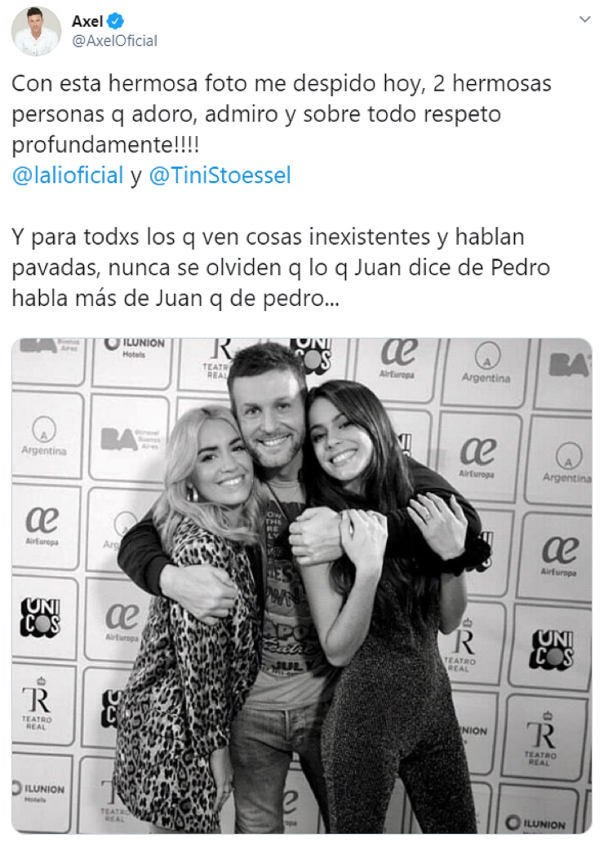 La publicación de Axel, tras las repercusiones en las redes de su abrazo con Tini