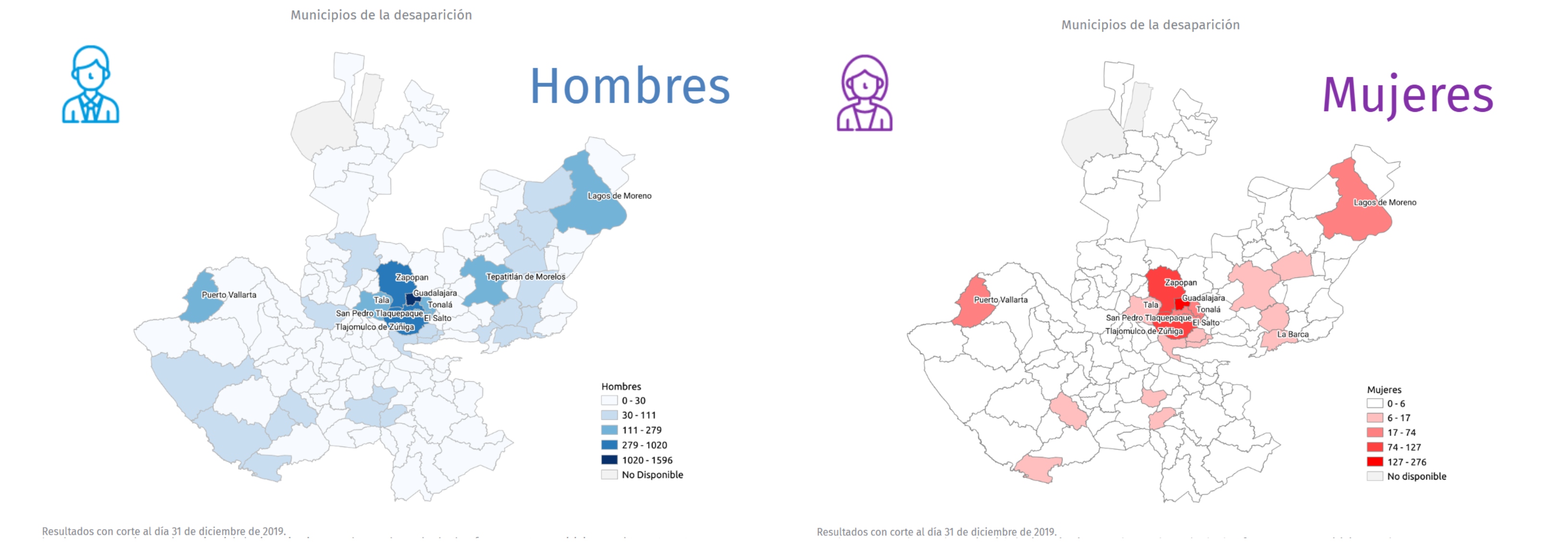 Mapas que muestran los municipios con mayor número de desaparecidos en Jalisco (Foto: sisovid.jalisco.gob)