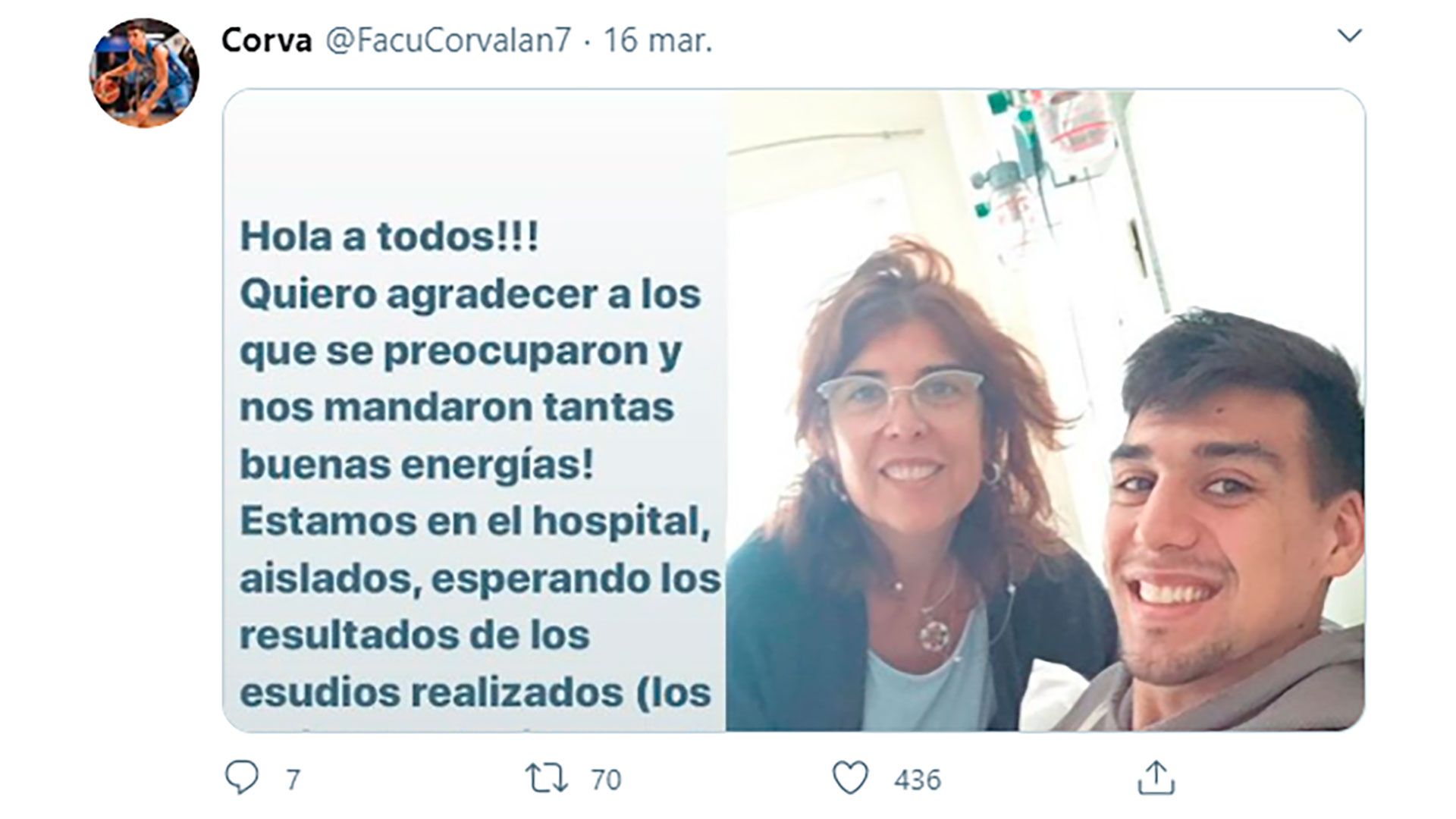 Facundo junto a su mamá, también afectada, agradeció con un posteo en sus redes.