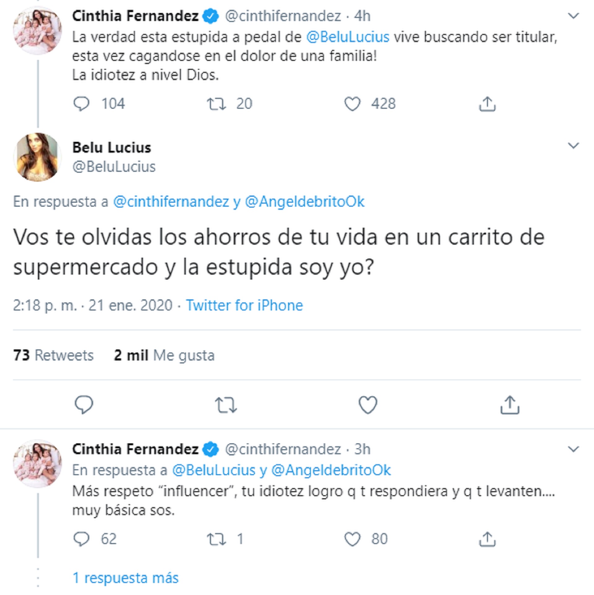 El cruce en Twitter entre Cinthia Fernández y Belu Lucius (Twitter: @BeluLucius)