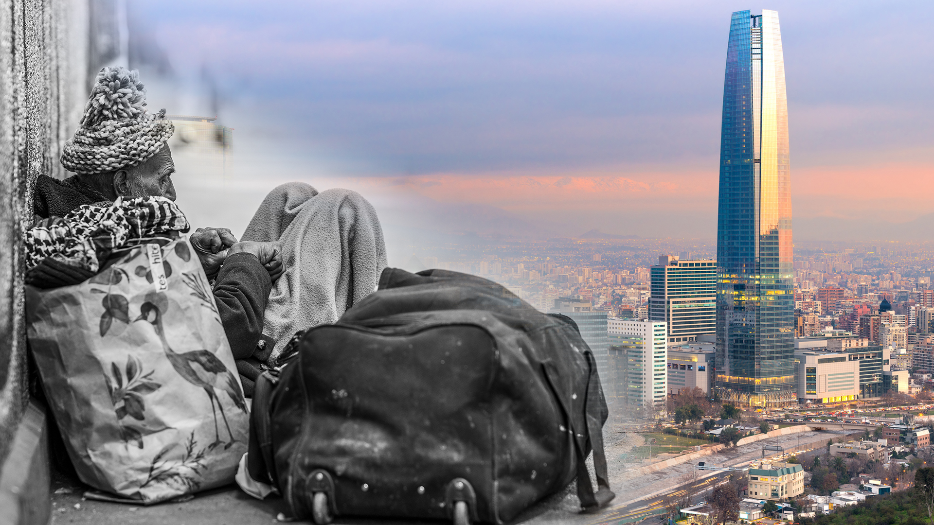 A la izquierda, un hombre sin techo en una calle de Santiago. A la derecha, la Gran Torre Santiago, símbolo de la opulencia de la capital del país (Shutterstock)