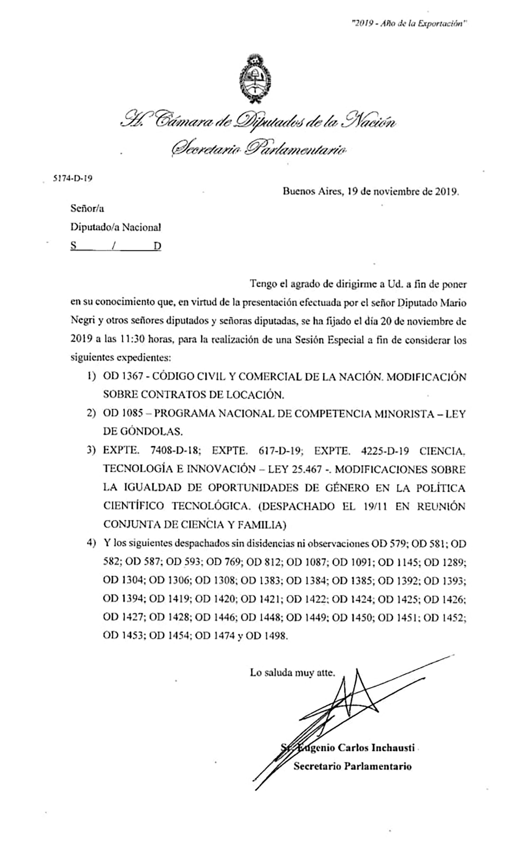La solicitud para la sesión de este miércoles en la Cámara de Diputados