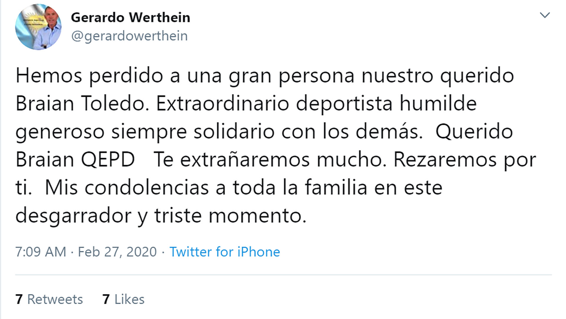 La confirmación de la muerte de Braian Toledo de parte de Gerardo Werthein, presidente del COA