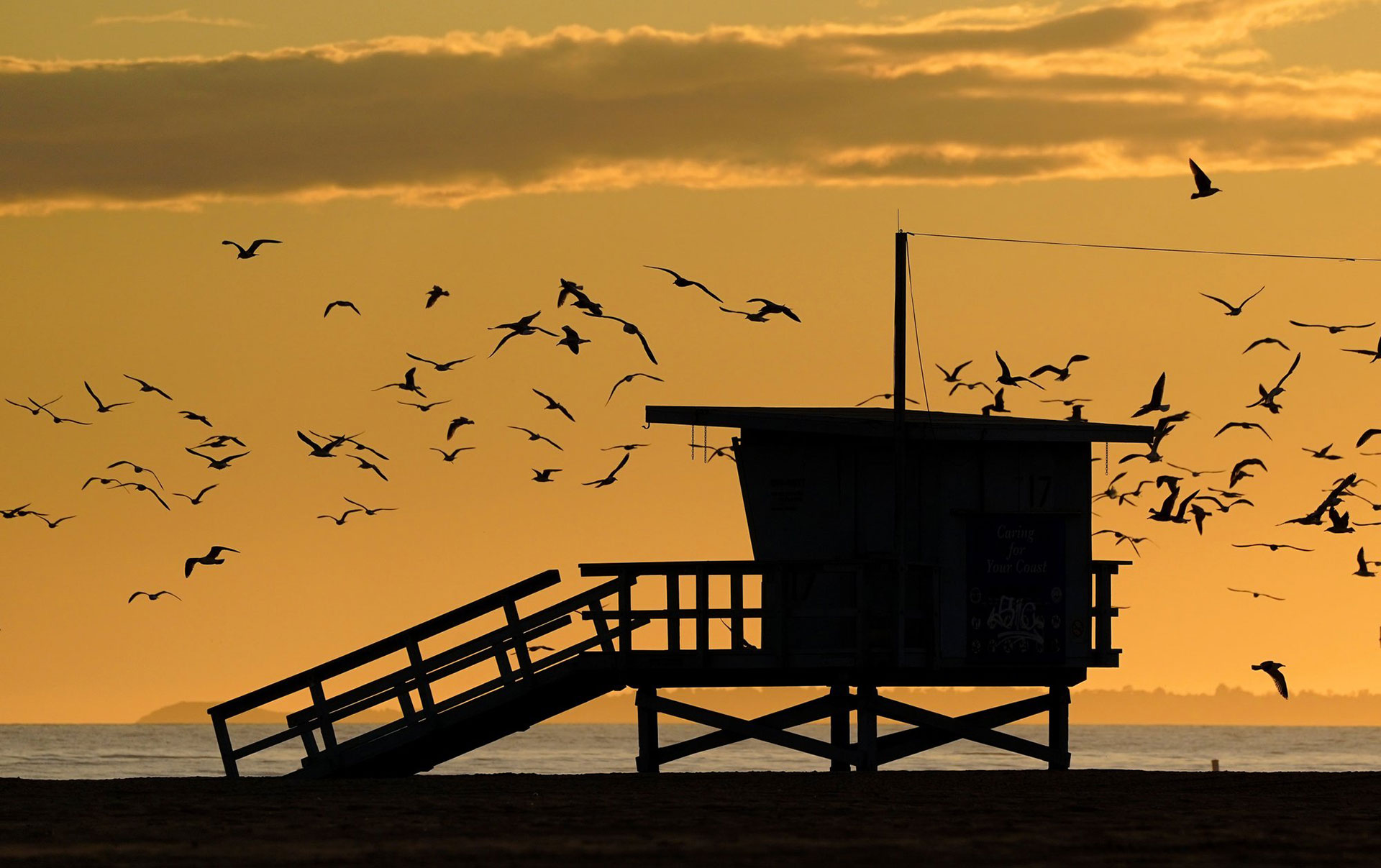 Las gaviotas vuelan alrededor de una estación de salvavidas vacía en Santa Monica, California, el viernes 10 de abril de 2020 (AP Photo / Mark J. Terrill)