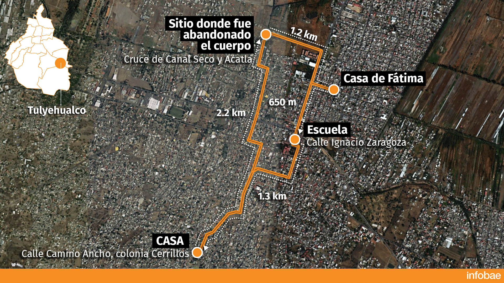 La ruta de la niña Fátima antes de morir en Tulyehualco (Mapa: Infobae)