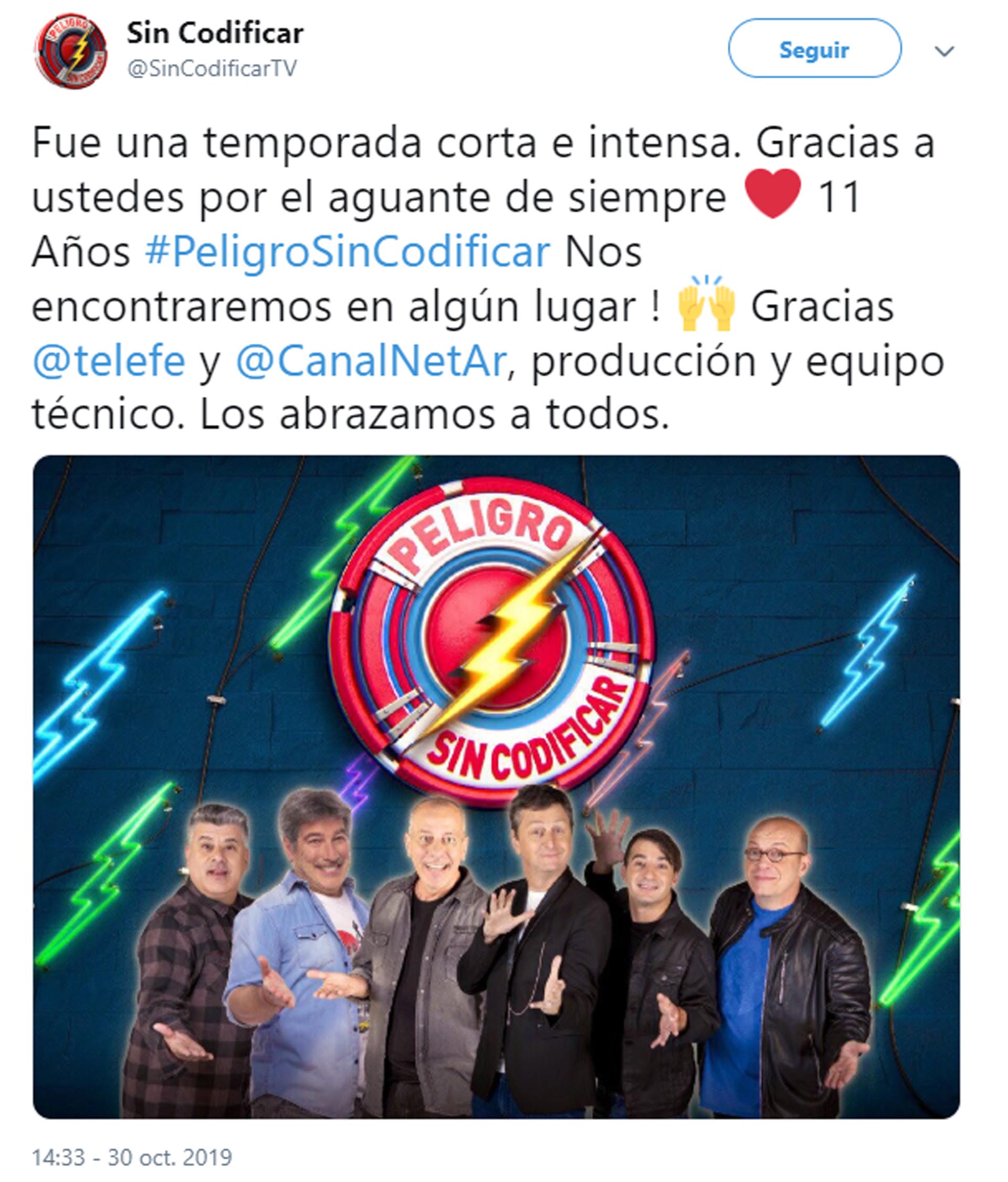 La despedida del programa, a través de su cuenta de Twitter