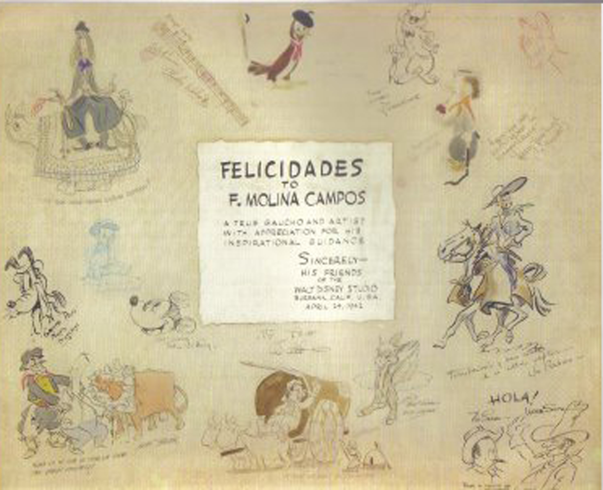 Dibujo con dedicatoria de Disney para Molina Campos, con los principales personajes caracterizados 