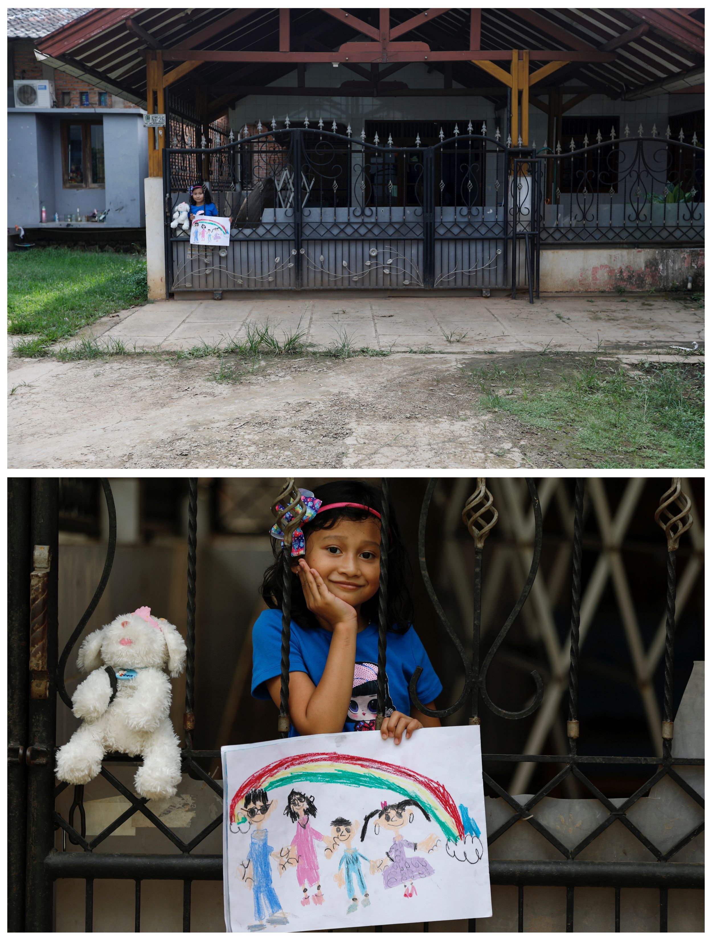 Jemima Christa-Faelist Tanamal, 6, posa para una fotografía mientras sostiene un dibujo que hizo durante el brote de coronavirus, parada en el frente de su casa en Bekasi, Indonesia, el 21 de abril pasado.