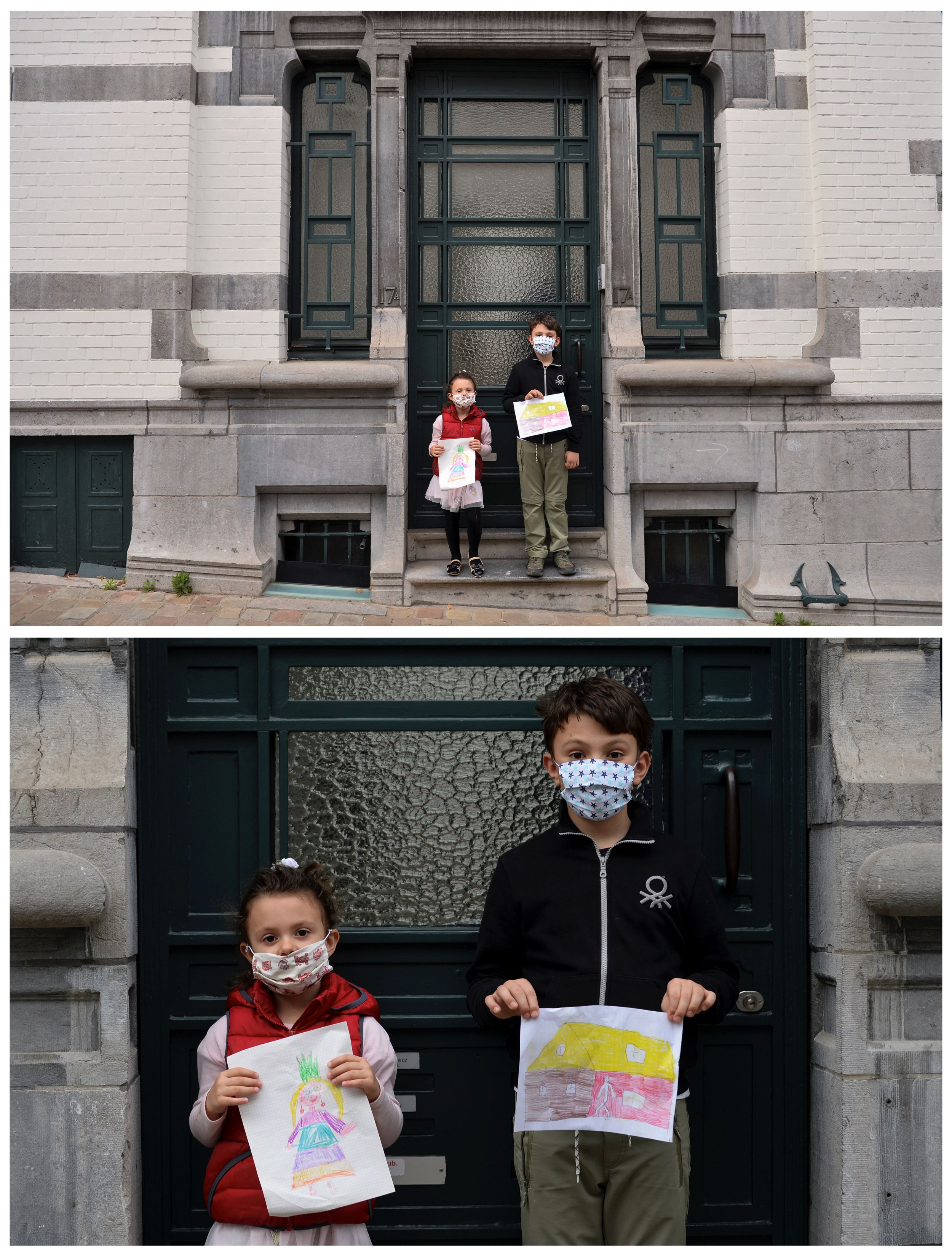 Marie Lou Belenyesi, 4, y Paolo Belenyesi, 9, posando para una foto mientras sostienen dibujos que hicieron durante el brote de coronavirus, parados en la entrada de su casa en Bruselas, Bélgica, el 19 de abril de 2020. Marie Lou dibujó a su madre y dice que extraña a su abuela. Paolo se dibujó a sí mismo en una granja. Dice que extraña escalar, a sus amigo y a sus abuelos.
