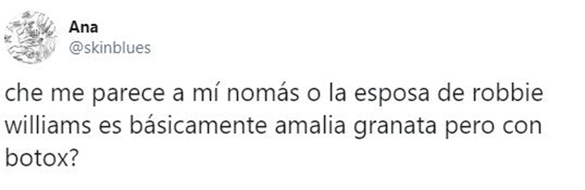 Una usuaria notó la similitud entre la mujer de Robbie Williams y Granata (Foto: Twitter @skinblues)