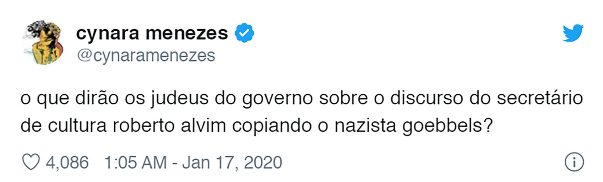 La periodista Cynara Menezes preguntó: "¿Qué dirán los judíos del gobierno sobre el discurso del Secretario de Cultura Roberto Alvim copiando al nazi Goebbels?