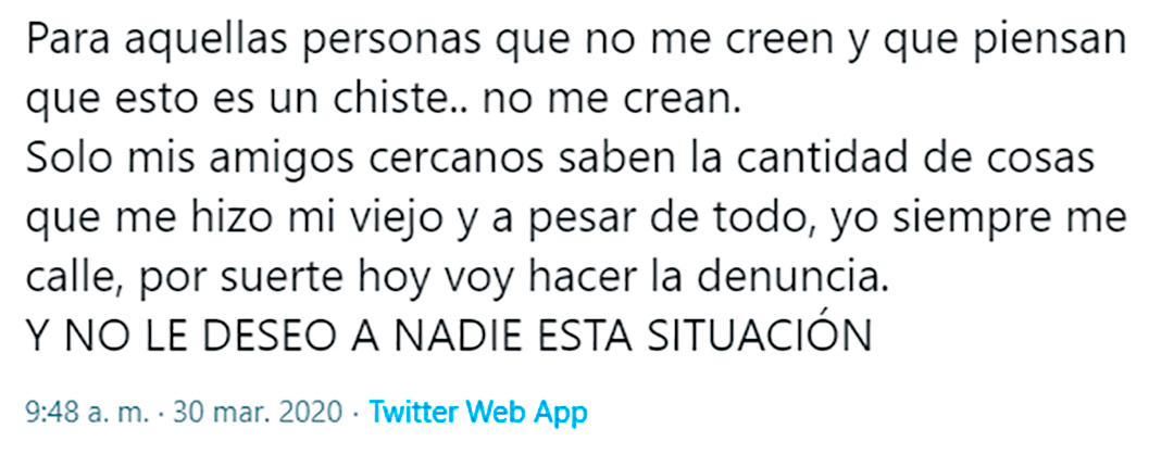 Uno de los mensajes de S. Se registraron siete femicidios desde el comienzo del aislamiento social obligatorio.
