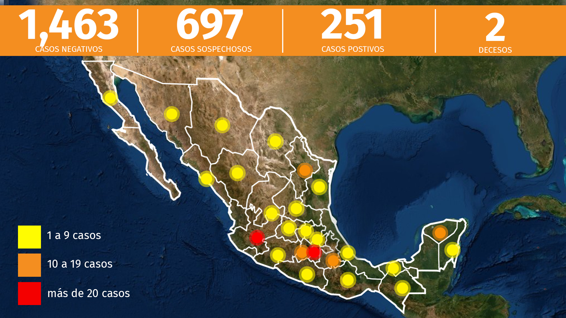 Mapa de casos de coronavirus en México al 20 de marzo (Foto: Infobae)