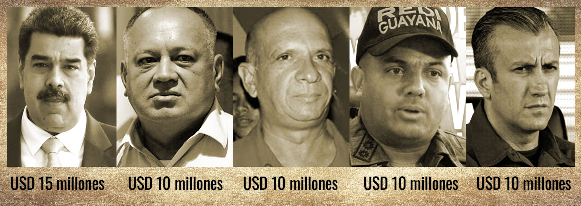 Nicolás Maduro, Diosdado Cabello, Hugo Carvajal, Cliver Alcalá Cordones y Tareck El Aissami, los 5 jerarcas del régimen chavista por los que el gobierno estadounidense ofreció una recompensa.